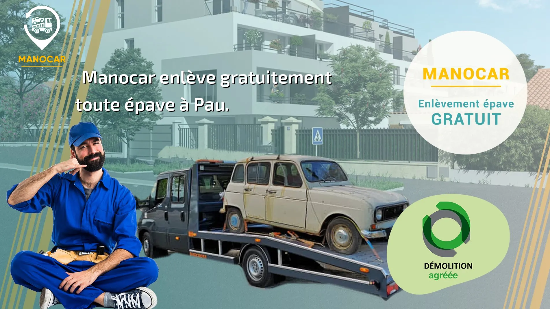 Manocar épaviste Pau (64) agréé VHU, enlèvement épave gratuit.